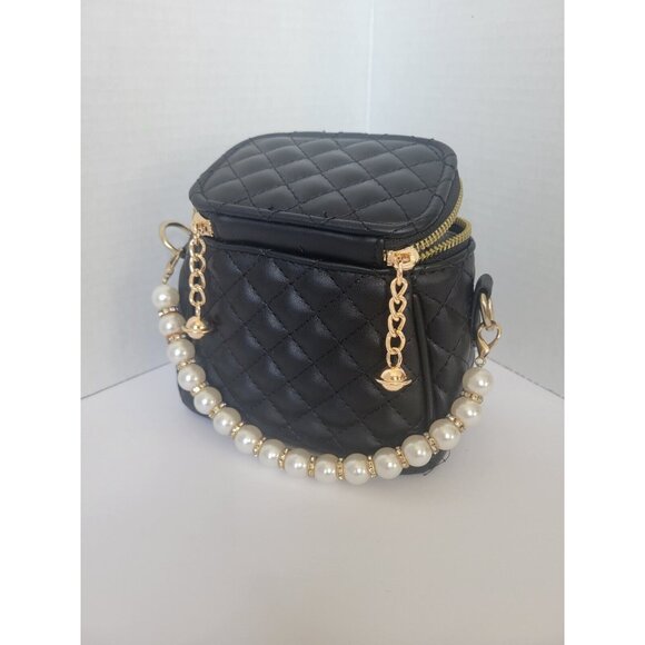 Small Mini Quilted Black Vanity Case Faux Pearl HandlePurse Bag Chain Zippers - Picture 4 of 12